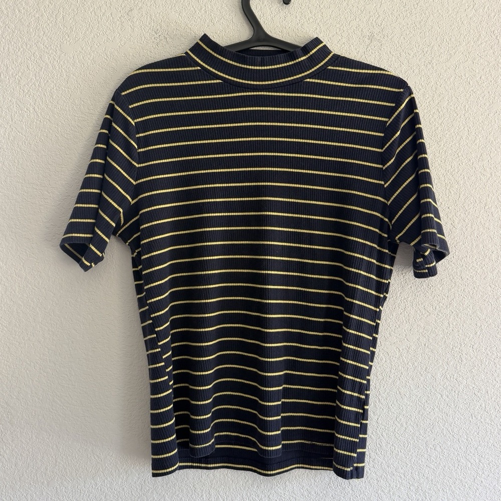 Free Assembly Women's Top Sz L Navy Yellow Stripe Ribbed Retro 70's Preppy AB19